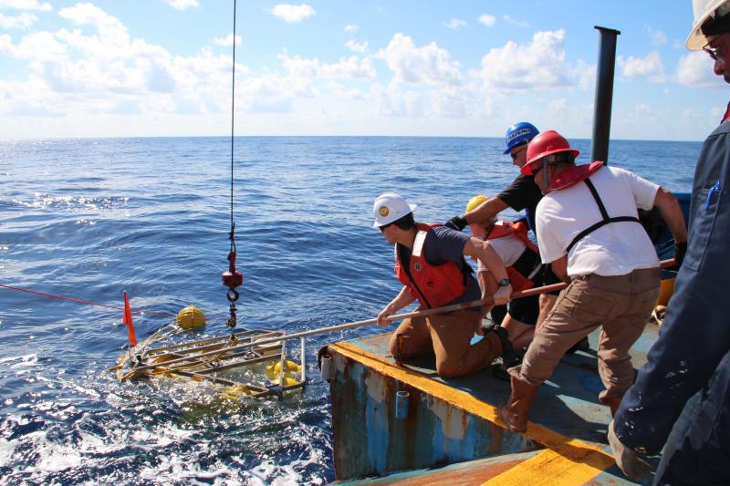 Scientists launch equipment to track conditions on the ocean floor during an expedition from JAXPORT. Photo credit: Dylan Wilford