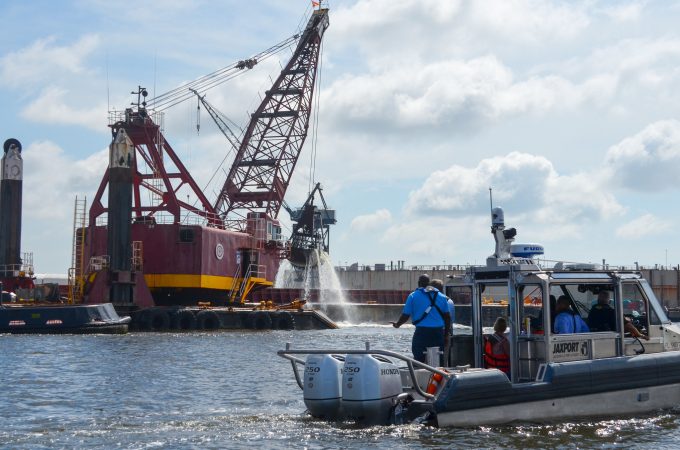 JAXPORT CEO Eric Green and FDOT Secretary Kevin Thibault touring the harbor deepening project site in August.