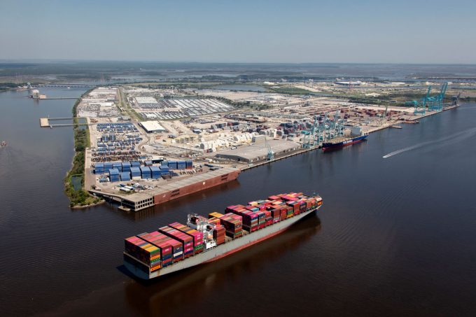 A ship passing by JAXPORT's Blount Island Marine Terminal