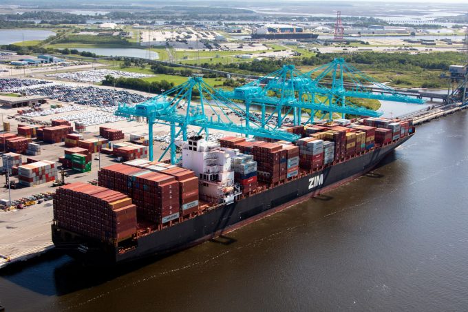 A large container vessel at JAXPORT