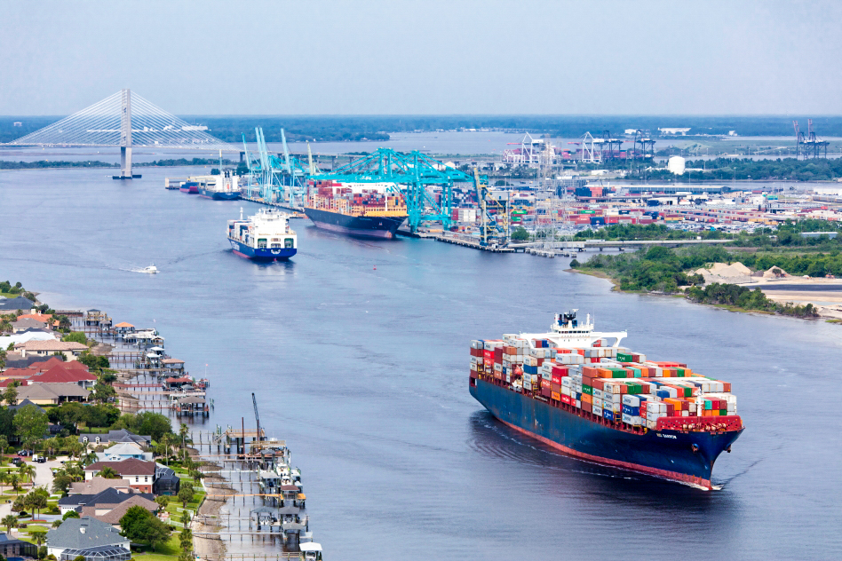 Vessels moving in and out of the Jacksonville Harbor.