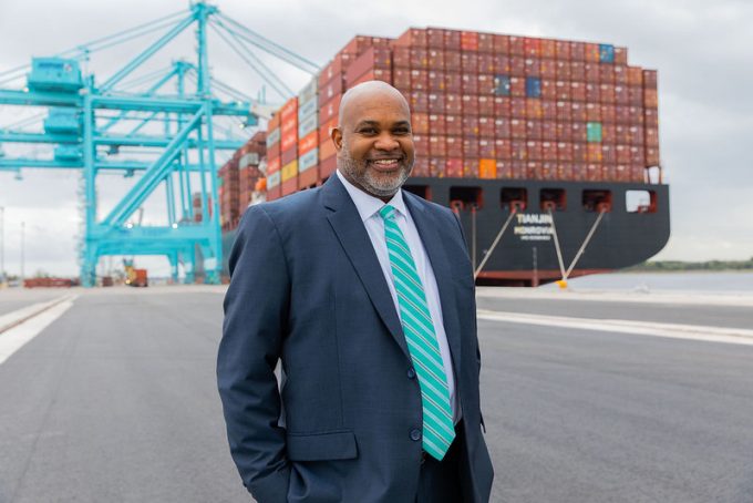 JAXPORT CEO Eric Green in front of a container ship