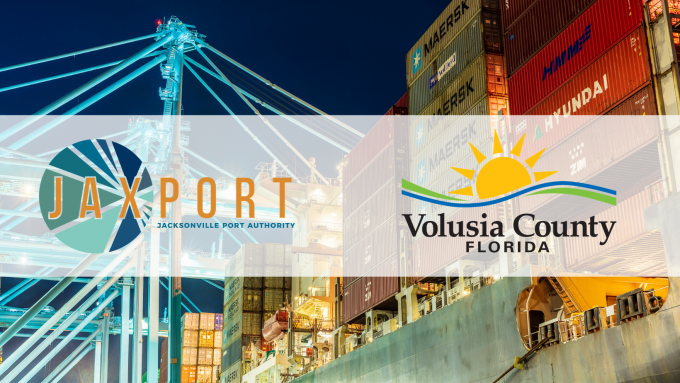 JAXPORT and Volusia County logos over a picture of the port