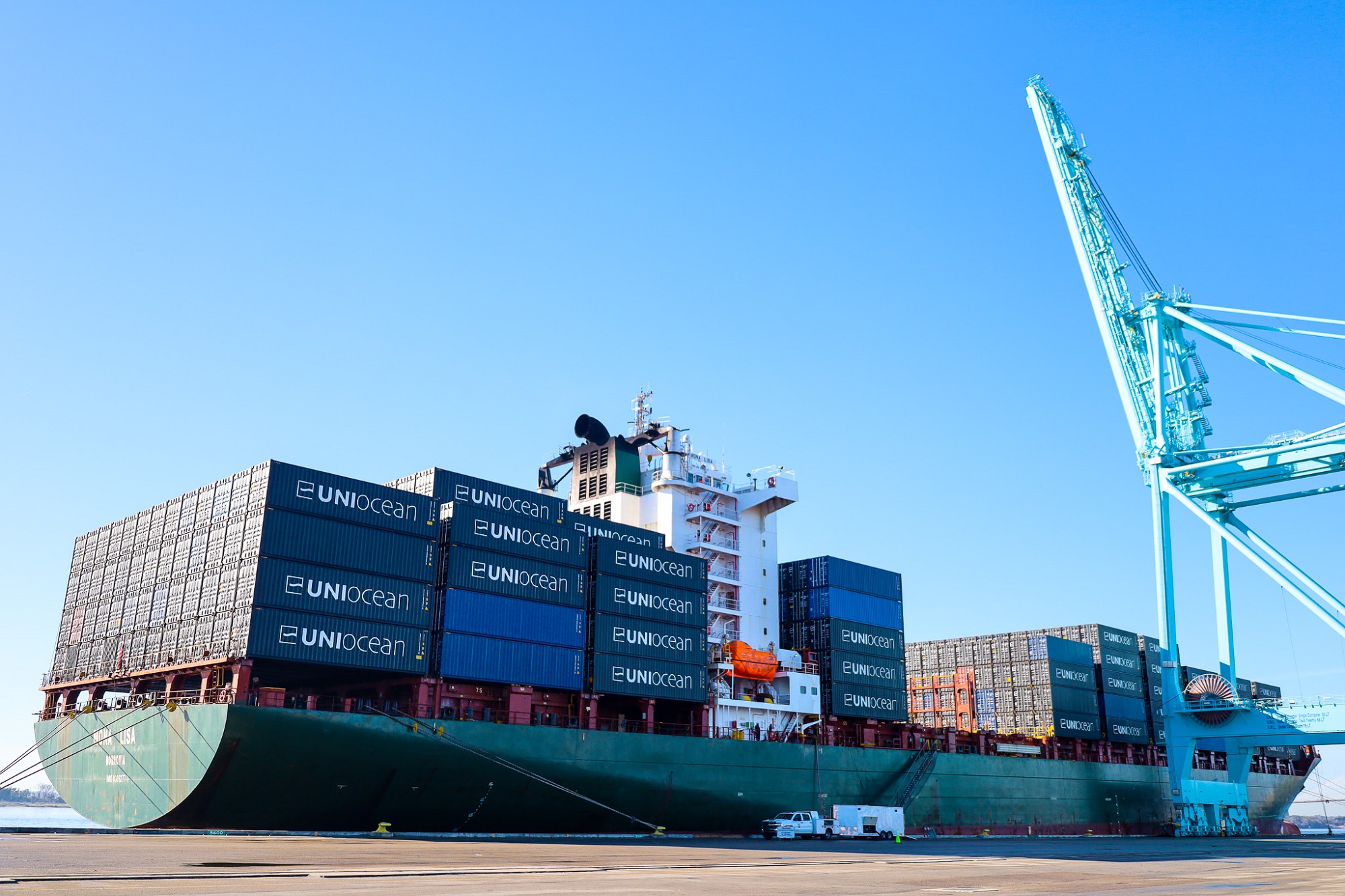 Pink container ship docks at JAXPORT