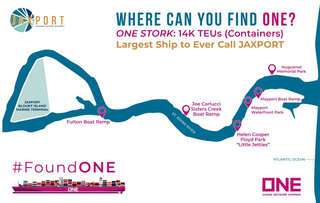 Map of St. Johns River with public parks to view ship coming down river