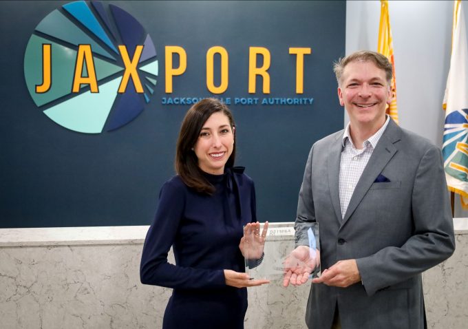 JAXPORT Chief Communications Officer Chelsea Kavanagh and Marketing Director Jeff Price display TMSA Trailblazer award